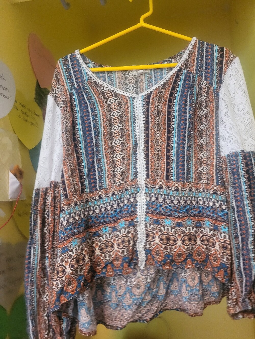 Bohemian Printed Long-Sleeve Blouse with Lace Trim - Blue & Brown - Picture 5 of 6